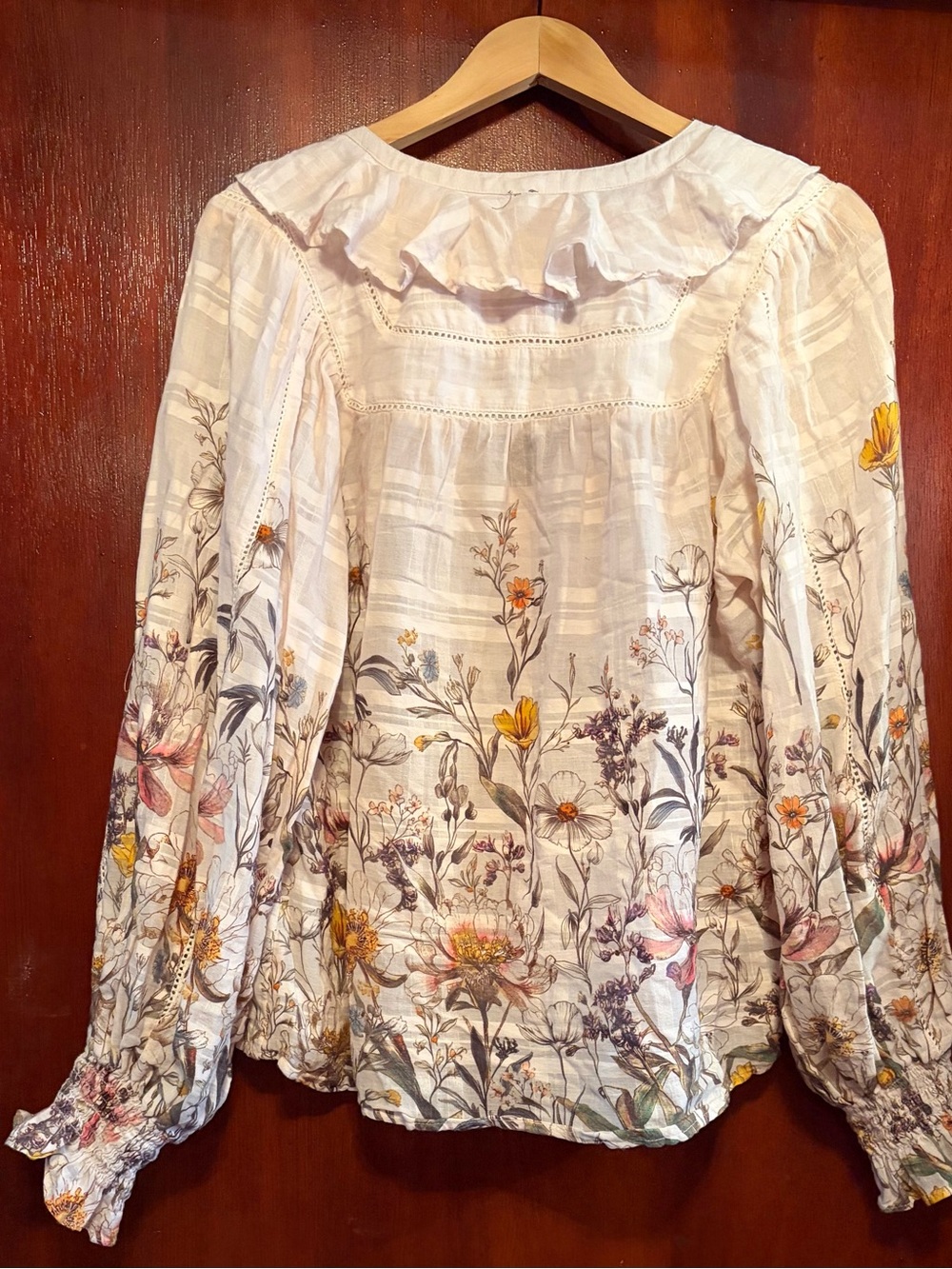 Anthropologie White Floral Ruffle V-Neck Blouse with Yellow & Pink Accents - Picture 2 of 5